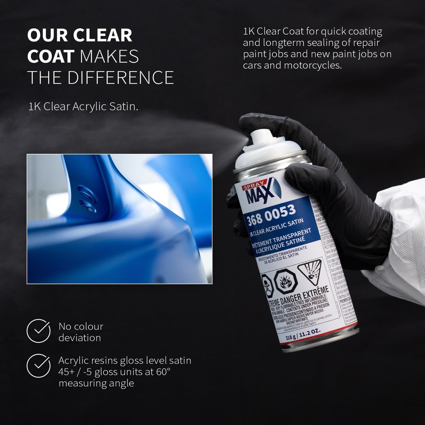 SprayMax 1K Acrylic Satin Clear Coat | Fast-Drying Clear Satin Spray Paint for Cars, Wheels & Metal | Smooth Semi-Gloss Finish, Scratch & Weather Resistant | Professional Grade 11.2 oz