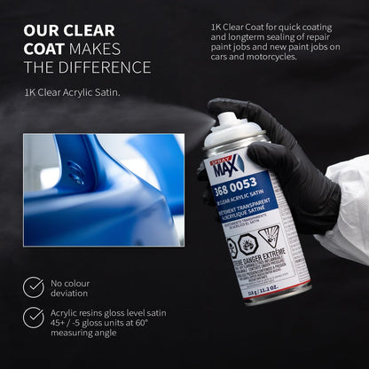 SprayMax 1K Acrylic Satin Clear Coat | Fast-Drying Clear Satin Spray Paint for Cars, Wheels & Metal | Smooth Semi-Gloss Finish, Scratch & Weather Resistant | Professional Grade 11.2 oz