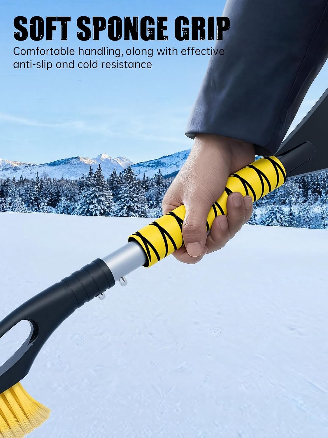 MIKKUPPA 27'' Snow Brush and Ice Scrapers for Car Windshield - Detachable Windshield Scraper, Snow Removal Tool with Curved Connector & Ergonomic Foam Grip for Cars, Trucks, SUVs (Yellow)