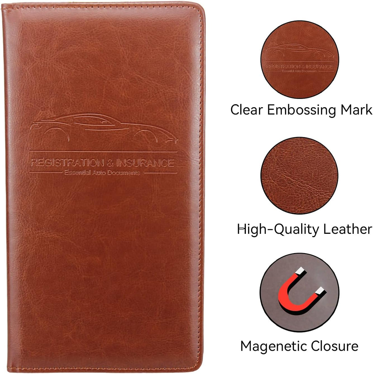 Car Registration and Insurance Holder, Premium Pu Leather Vehicle Glove Box Organizer - for Driver License, Cards & Essential Documents (L-Orange)