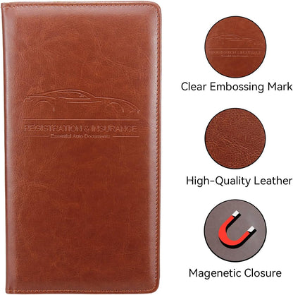 Car Registration and Insurance Holder, Premium Pu Leather Vehicle Glove Box Organizer - for Driver License, Cards & Essential Documents (L-Orange)