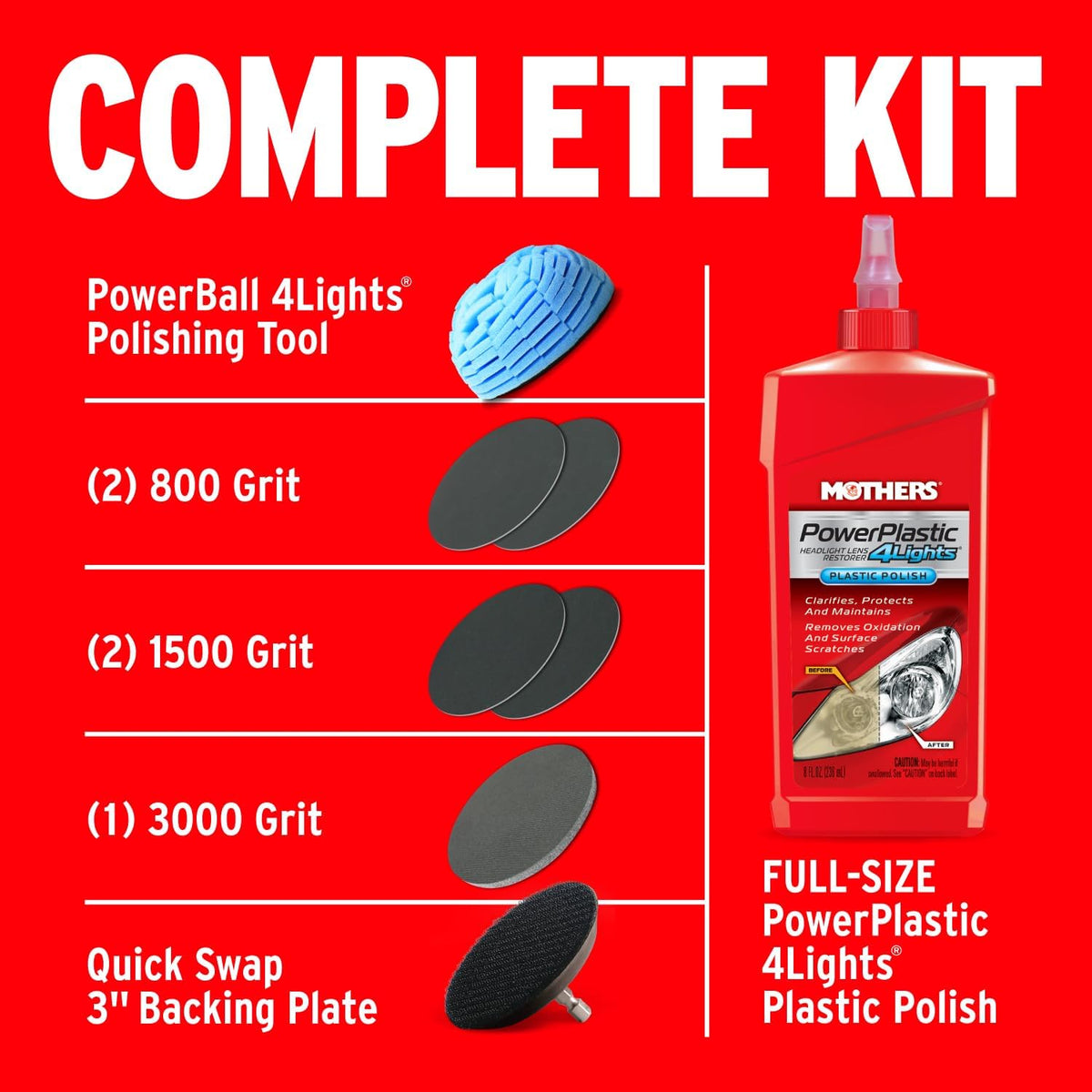 Mothers NuLens Headlight Renewal Kit — Quickly Restores & Maintains Clarity on All Headlight Types – Includes PowerPlastic 4Lights Polish, 8 oz. with Protective, Oxidation-Inhibiting Polymers (07251)