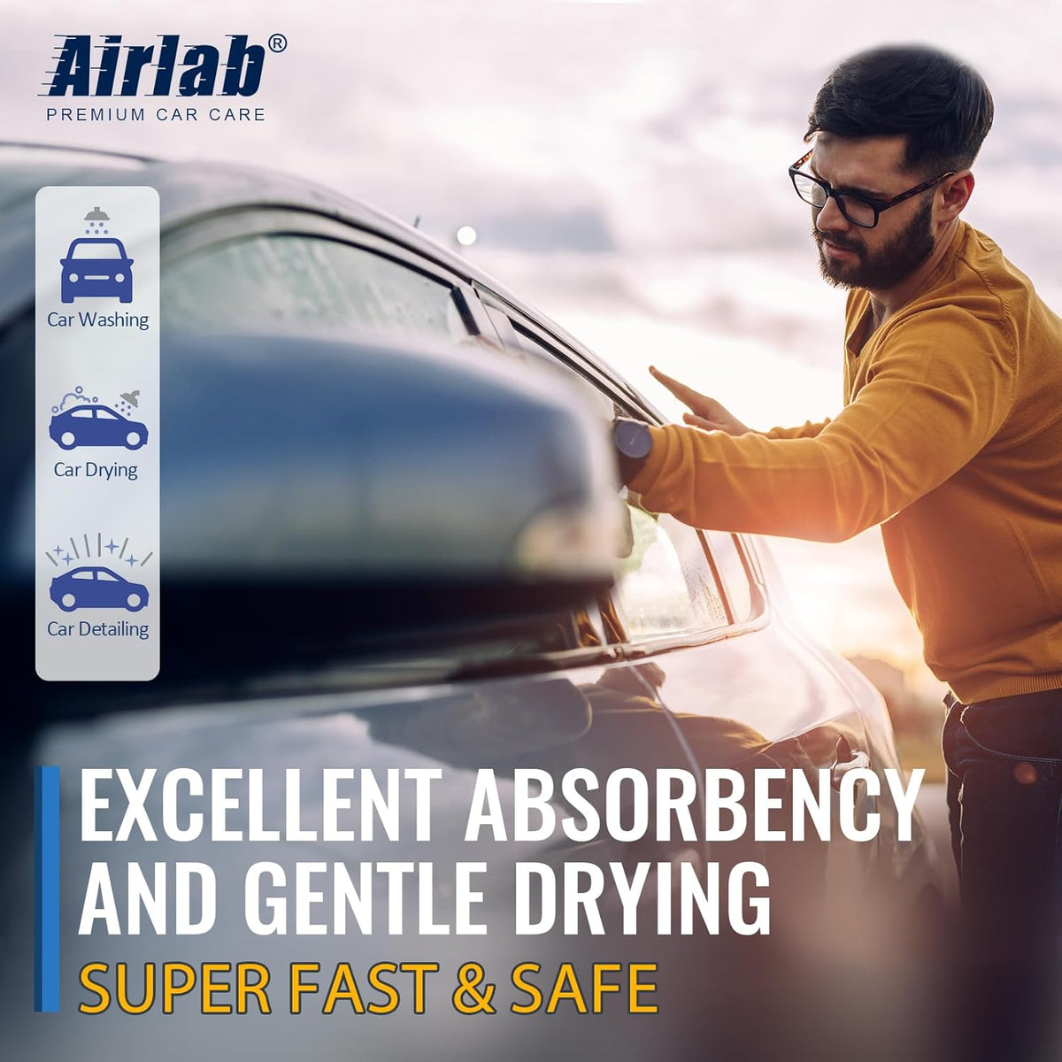 Airlab Microfiber Towels for Cars Wash Drying Thick Plush Cleaning Cloth Auto Detailing Super Absorbent for Interior & Exterior Lint Free, Streak Free, 16" X 16", 800 GSM, Pack of 4