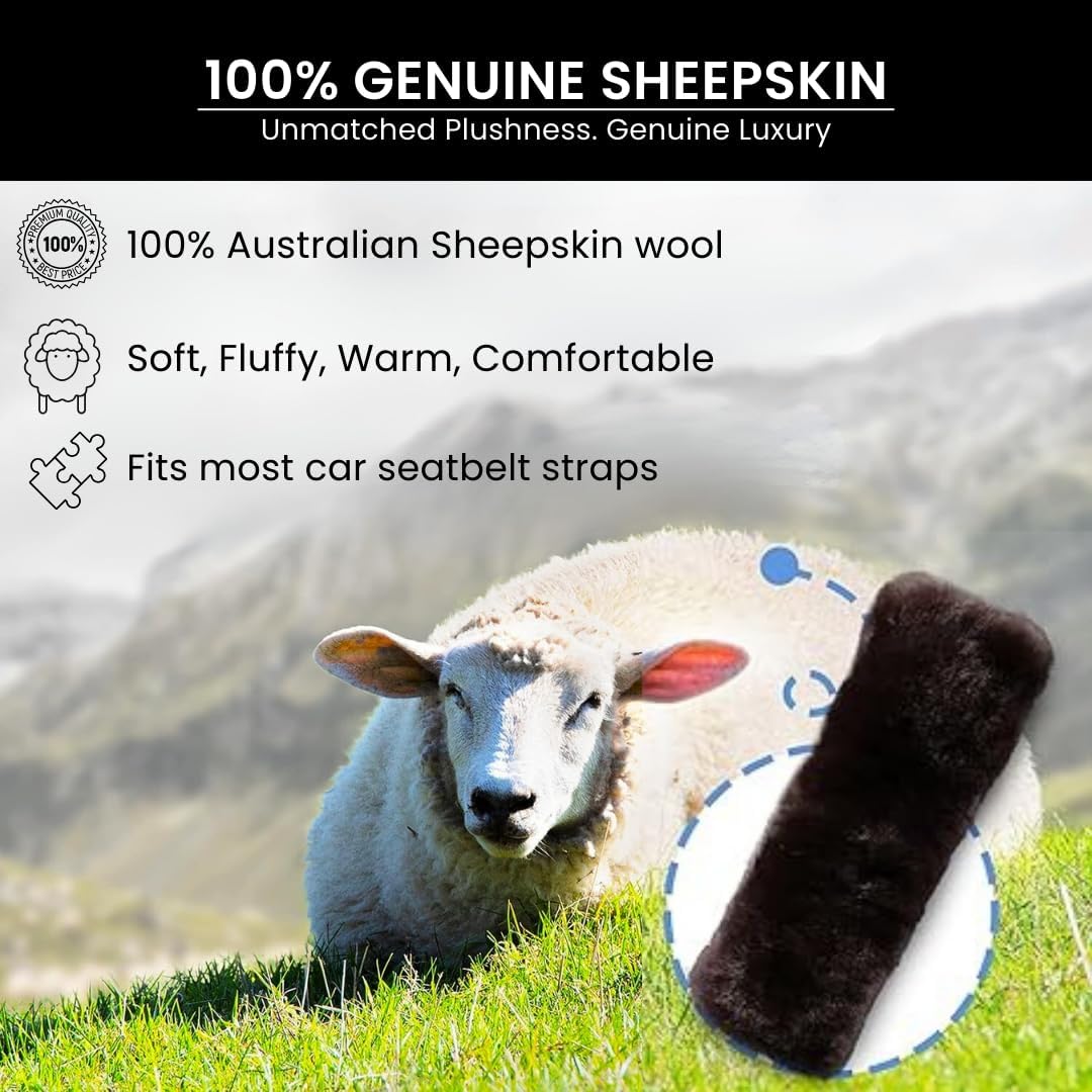 Andalus Brands 2 Pack Genuine Merino Wool Sheepskin Seat Belt Cover – Soft Shoulder Pad, Neck Cushion Protector – Authentic Car Accessories (Pearl)