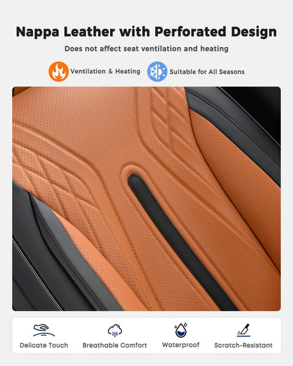 Huidasource Coffee Seat Covers Full Set, Universal Fit for Most Cars Trucks SUV, Full Coverage Leather Seat Cover, Airbag, Cupholder Compatible, Velcro Adjustable, Heaating/Cooling Function Retain