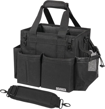 SCAVATA Compact Wearable Cleaning Caddy, Small Supplies Organizer with Handle & Shoulder Straps for Housekeepers, Under Sink & Car Cleaning Tool Organizer Bag (Black)