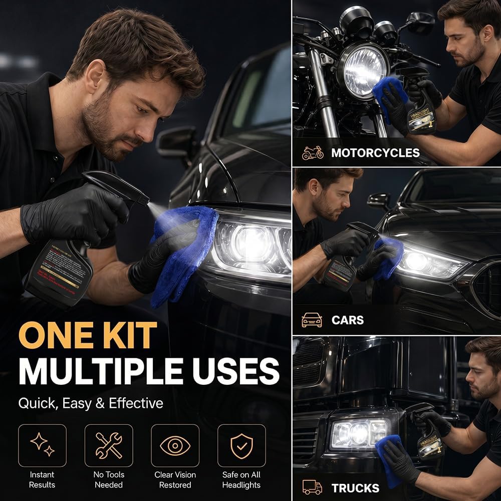 Headlight Restoration Kit, Headlight Cleaner & Sealant - Pro Grade 10X Brighter Removes Yellow Haze & Cloudiness, Restore Headlights for Crystal Clear Lenses, Car Accessory for Night Driving Safety