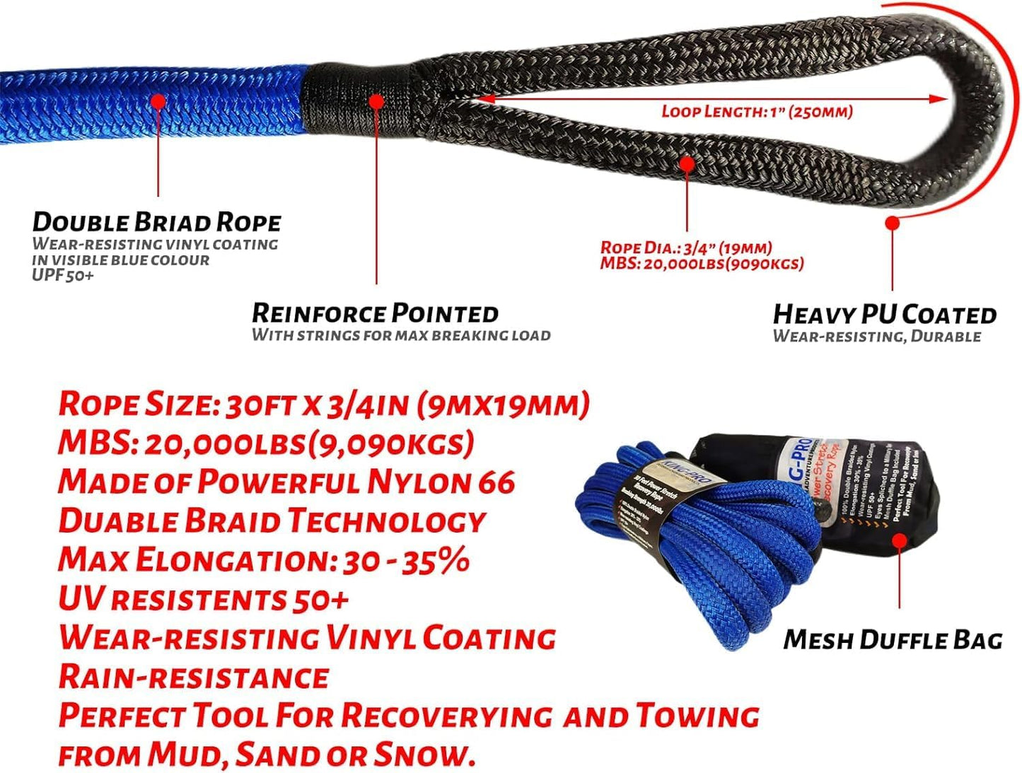 KING-PRO Kinetic Recovery Rope 1“x30' Towing Rope 48,000lbs Breaking Strength 100% Nylon Made Heavy Duty Offroad Snatch Strap 30% Elasticity for Full-Size Truck Large SUVs Offroad Vehicels (Red)