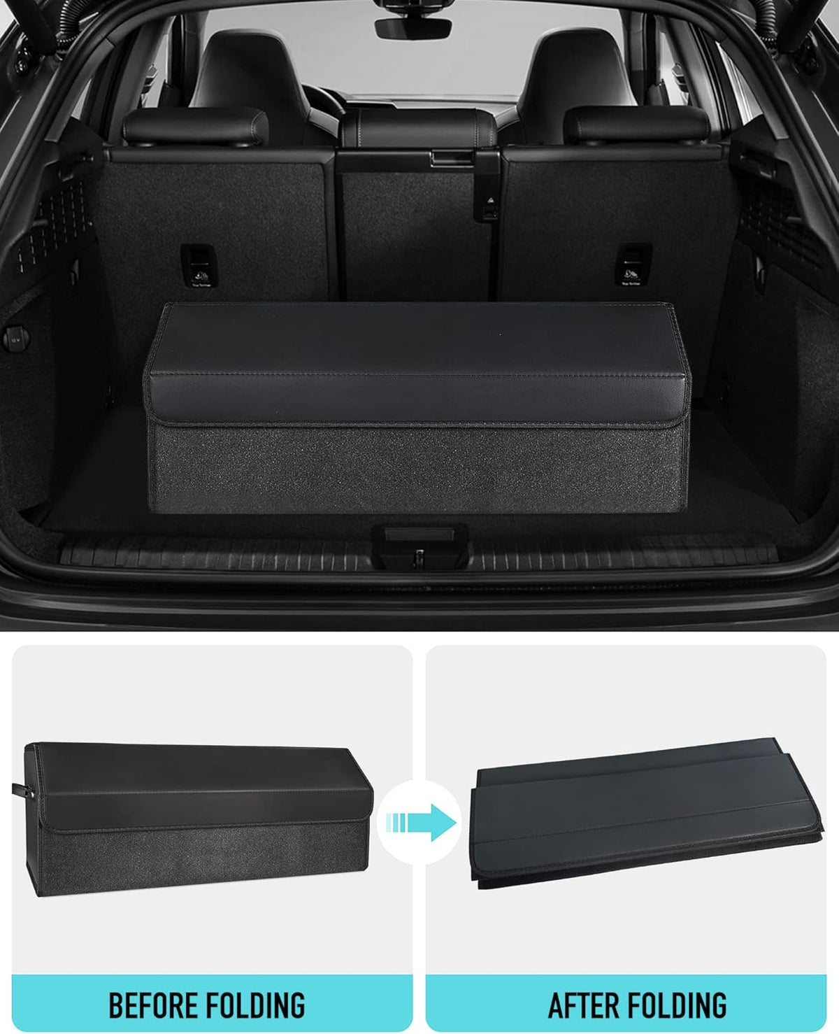 Fyzeoty Car Organizers for Trunk for Suv Sedan, Leather Storage Box,Magnetic Lid,Collapsible and Adjustable,16.5 inches