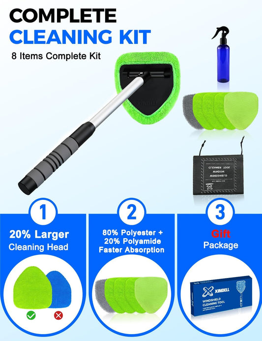 XINDELL 24-inch Windshield Cleaner Tool – Upgrade Large Head Car Interior&Exterior Window Cleaning Kit with Extendable Handle & 4 Microfiber Pads, Auto Wiper Brush for Car, Trucks, SUVs, RVs & Home
