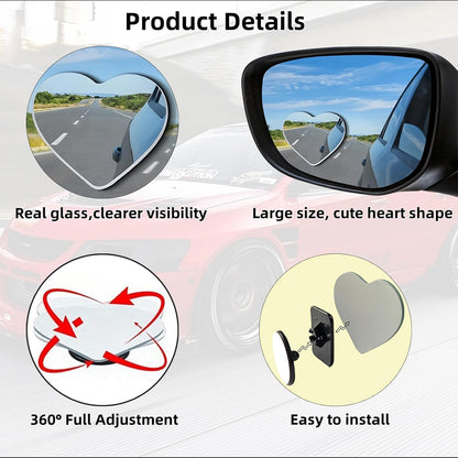 Heart Shaped Blind Spot Mirrors 2 Pack, Large Wide Angle Convex Mirror for Car Side Mirror Blindspot - Enhanced Safety Rear View Mirror Accessories, Universal Fit for Cars SUVs Trucks (2.36"×2.2")