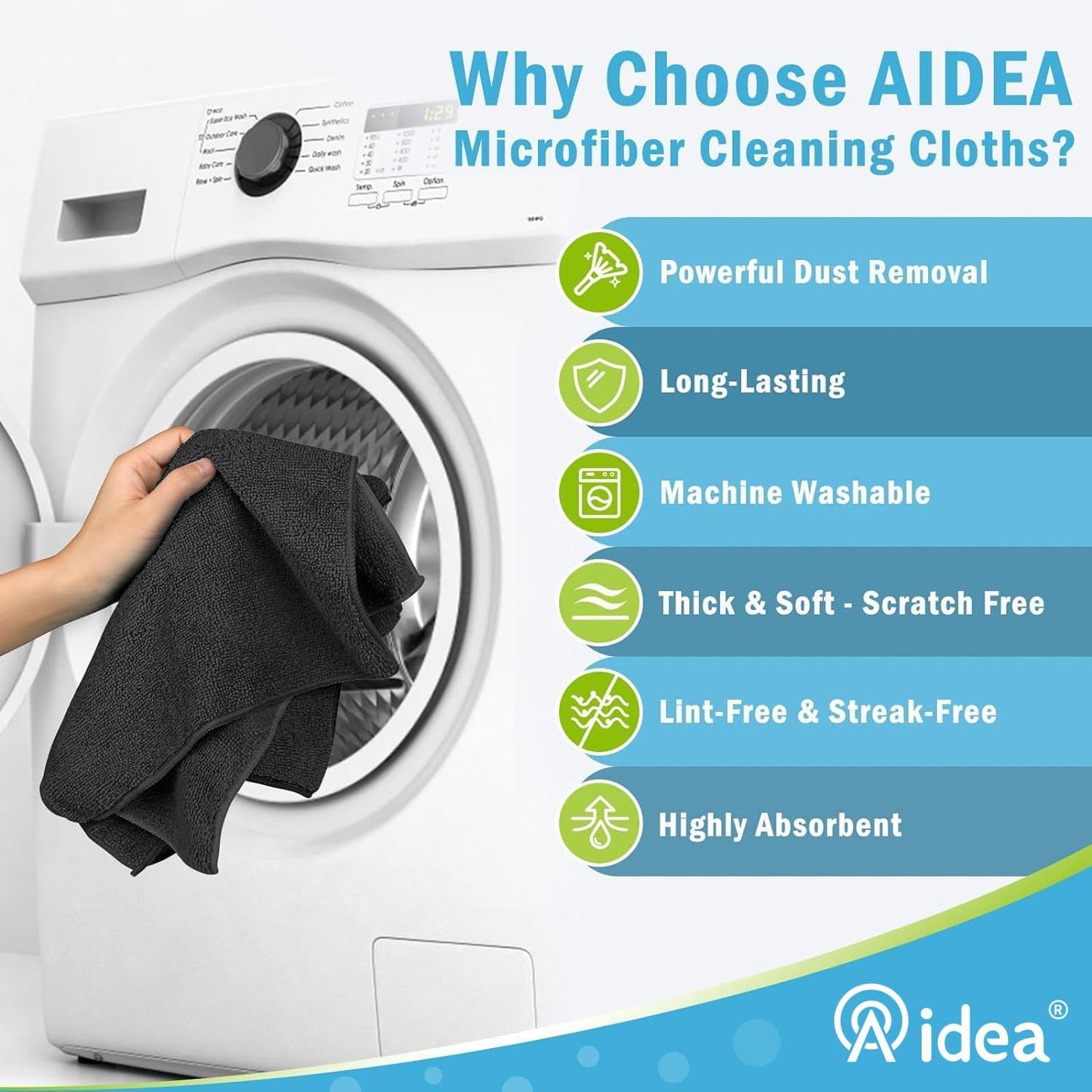 AIDEA Microfiber Cleaning Cloth-12PK, Soft Microfiber Towels for Cars, Absorbent Cleaning Rags, Lint-Free Streak-Free Wash Cloths for House, Kitchen, Window(12in.x12in), Black