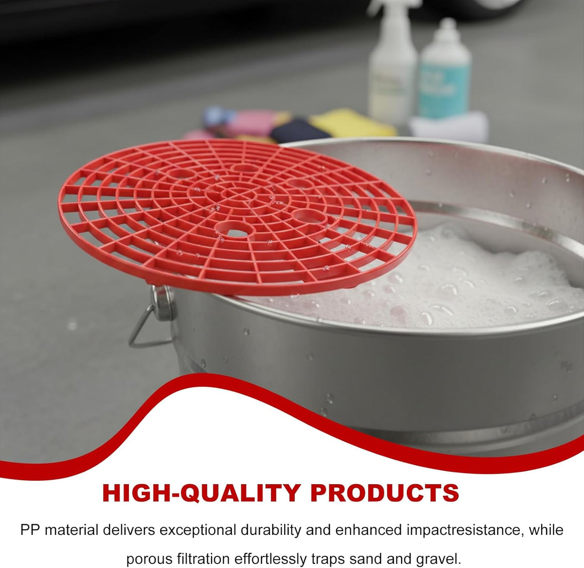 2 PCS Car Wash Bucket Insert, Auto Washing Grit Filter Dirt Trap for Removing Debris, Plastic Grit Trap Detailing Tool Fits 12-Inch Diameter or 3-5 Gallon Buckets (Black＋Red)