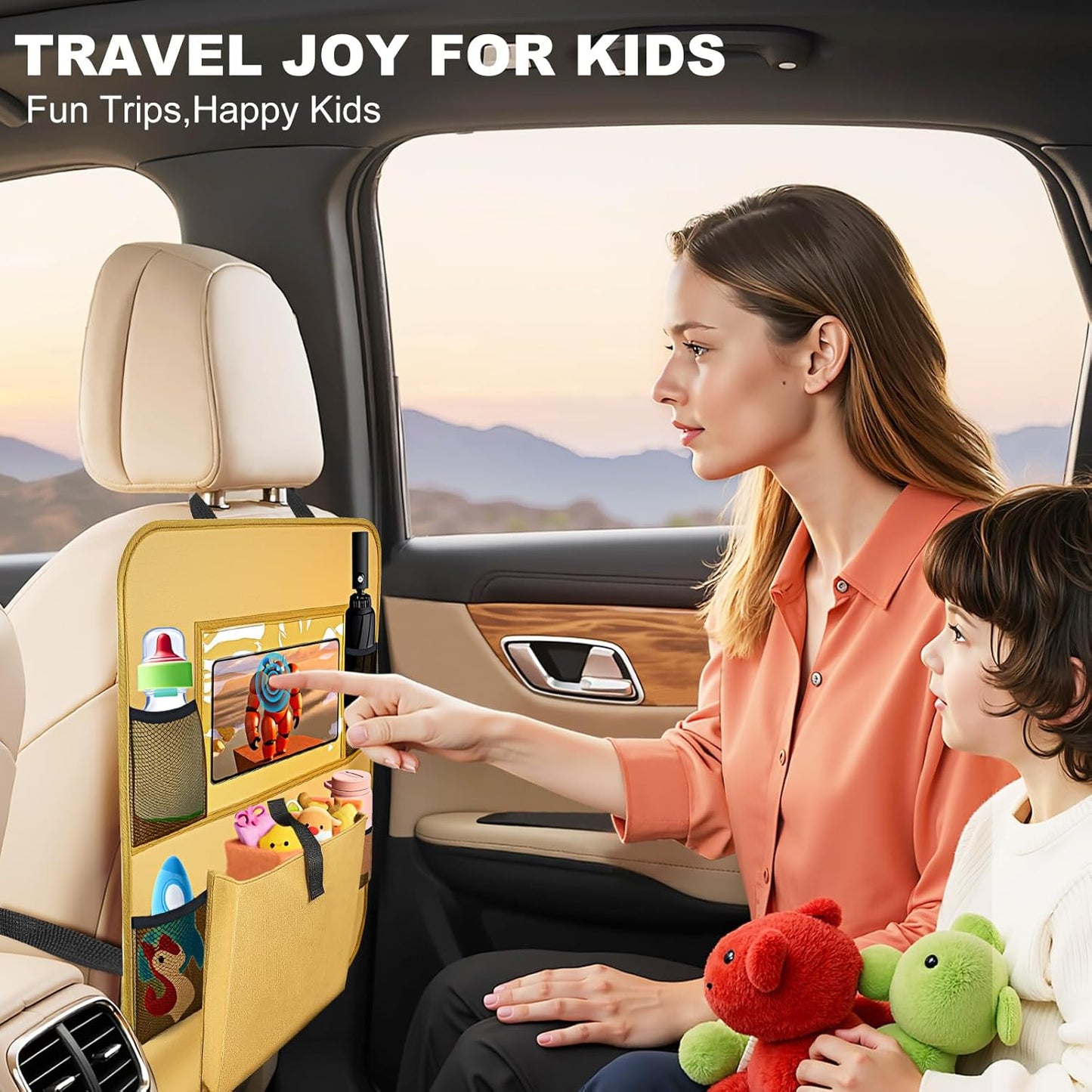 Car Backseat Organizer with Tablet Holder, 6 Storage Pockets Seat Back Protectors Kick Mats for Kids, Car Seat Protector for Road Trips 2 Pack (Black)