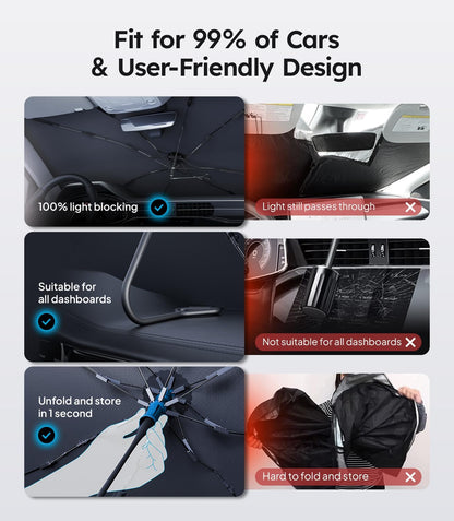 Wigoo Windshield Sun Shade Umbrella, 100% Sun Block, 5th-Gen Ice-Shield Cooling Tech, Reflective Heat Insulation, Portable & Foldable Front Window Sunshade Universal Fit Sedans/SUVs - M: 57"x32"