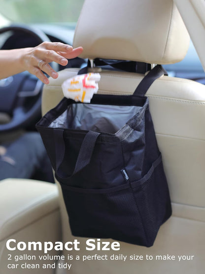 Ginsco New Leak-Proof Travel Car Trash Bag, 3.5 Gallons Large Capacity Hanging Car Trash Can with Hook and Loop Lid and Handle, Multipurpose Trash Bin with Storage Pockets for SUV RV Camping (Black)