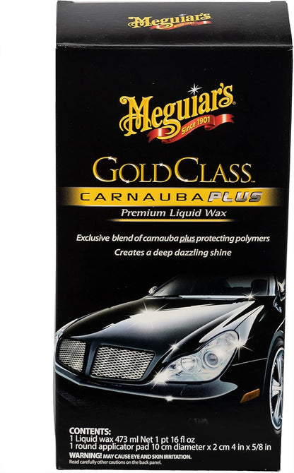 Meguiar's Gold Class Carnauba Plus Premium Liquid Wax Kit, Car Detailing Kit with a Pure Carnauba Wax Blend and a Foam Applicator Pad for Keeping Glossy Paint Protected Like a Pro, 16 Oz Bottle