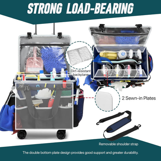 Large Rolling Cleaning Caddy Bag with Detachable Trolley, Full Support Plates for Professional Cleaning Supplies Bag, Organizer Bag with 4 Universal Wheels for Housekeepers, Car Wash