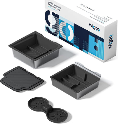 Wigoo Center Console Organizer for Tesla Model Y Juniper (Only Premium & Performance 2025 2026) and All Model 3 Highland Accessories [Double-Layer Storage, Smooth Sliding] 4PCS Black