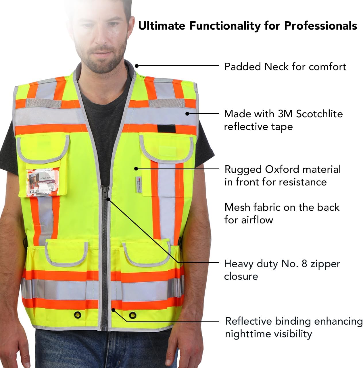 Dib Safety Reflective Mesh Vest ANSI Class 3, High Visibility with Pockets and Zipper, Made with 3M Reflective Tape, Yellow XL