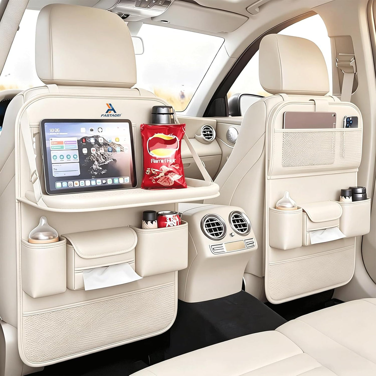 Universal Foldable Car Backseat Organizer with Table Tray, Car Seat Back Protector with Touch Screen Phone Holder, Premium Leather Kick Mats with Storage Pockets Tissue Holder (Brown)