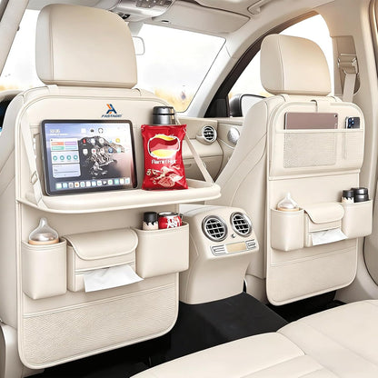 Universal Foldable Car Backseat Organizer with Table Tray, Car Seat Back Protector with Touch Screen Phone Holder, Premium Leather Kick Mats with Storage Pockets Tissue Holder (Brown)