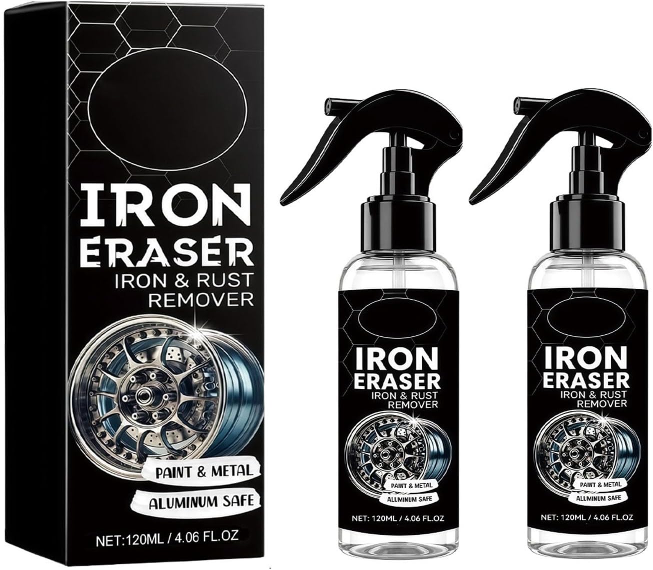 120ML Iron Eraser Rust Remover Spray, Iron Eraser Iron and Rust Remover for Car Wheels and Paint, Fast Acting Rust and Brake Dust Remover, Professional Automotive Surface Cleaning(2PCS)