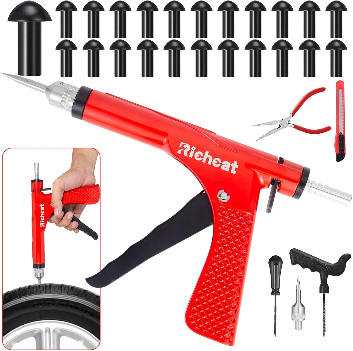 Richcat Tubeless Tire Puncture Repair Kit with Mushroom Plug, Repairs punctures and Flat Tires for Motorcycles, Cars, Trucks, ATVs,Gun Puncture Repair Kit