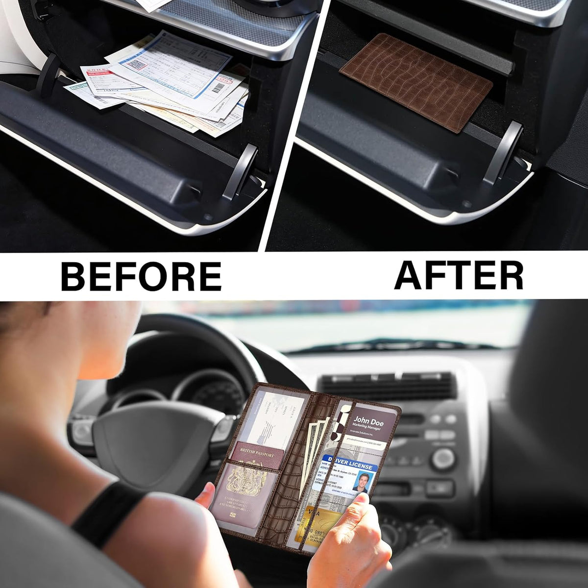 Car Registration and Insurance Holder, Black Vehicle Glove Box Car Organizer with Magnetic Closure for Documents, Cards, License Car Organization, 1 Pack