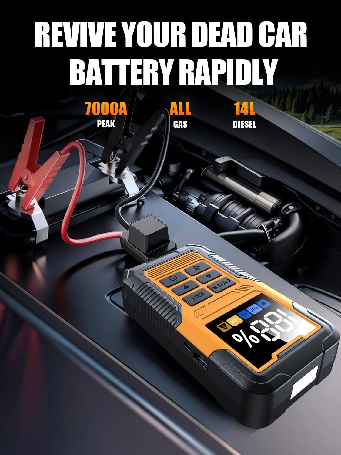 Jump Starter, Battery Jumper Starter Portable, Car Battery Jump Starter with 3 Modes Flashlight, Compass, Power Bank and Jumper Cable