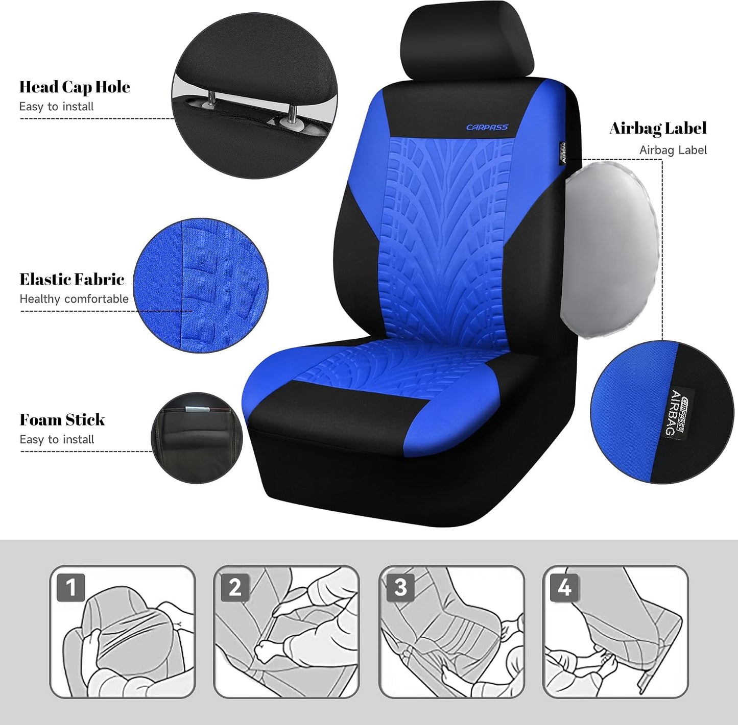 CAR PASS Car Seat Covers Full Sets, Front & Split Rear Bench for Car, 3D Tyre Embossed Automotive Interior Covers, Airbag Compatible, Quick Setup Universal Fit Seat Covers for Car, SUV(Charcoal)