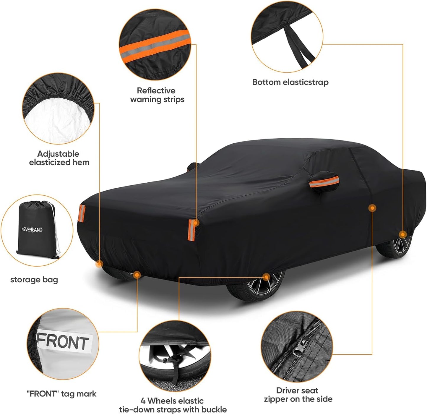 NEVERLAND Sedan Car Cover Waterproof Heavy Duty All Weather Protection Snow Anti-UV Windproof Outdoor Full Car Cover Fit for Automobiles BMW/Mercedes-Benz/Honda（for Car Size:183''L x 70''W x 59''H）