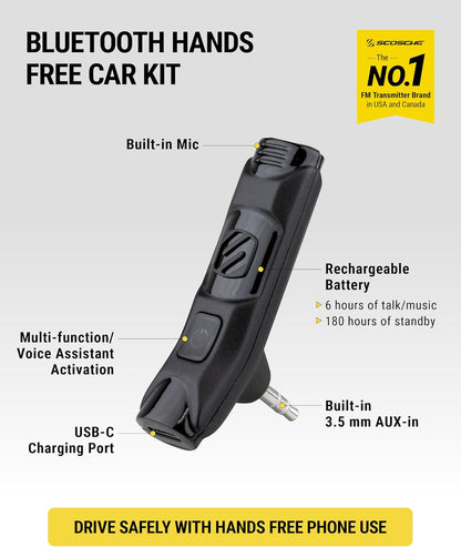 Scosche BTAXS2 Hands-Free Audio Kit, Bluetooth Receiver for Car Stereo with Noise Cancelling and Relocation Mount, 3.5mm Bluetooth Adapter for Car Radio AUX input Compatible with Siri/Google Assistant
