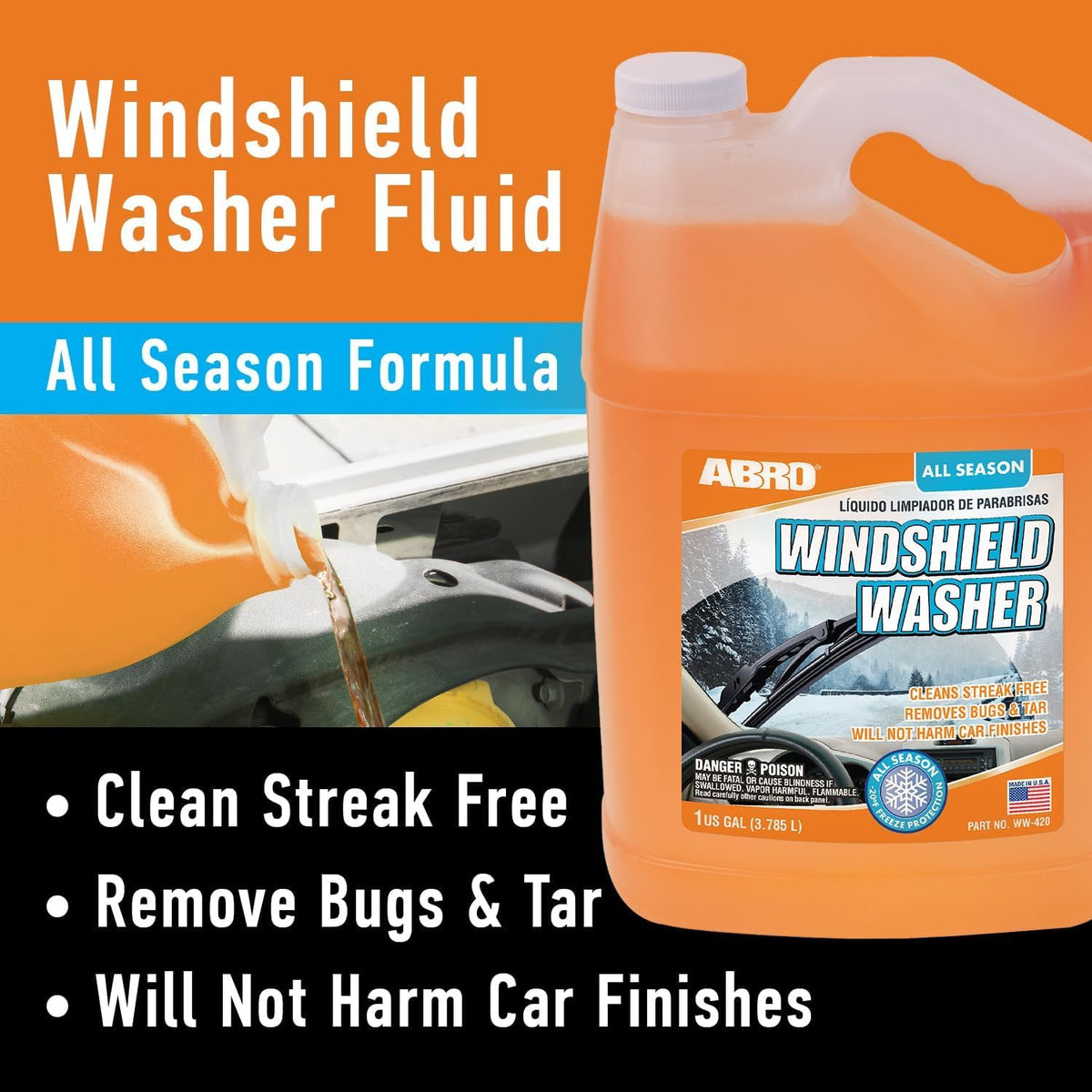 ABRO Windshield Washer Fluid Ready to Use Formula - 1 Gallon, Pre-Mixed, Streak-Free Cleanliness, 2-In-1 Removes Bugs & Tar