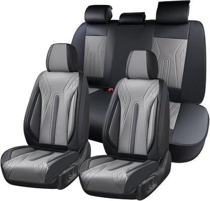 Huidasource Coffee Seat Covers Full Set, Universal Fit for Most Cars Trucks SUV, Full Coverage Leather Seat Cover, Airbag, Cupholder Compatible, Velcro Adjustable, Heaating/Cooling Function Retain