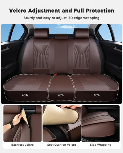 Huidasource Coffee Seat Covers Full Set, Universal Fit for Most Cars Trucks SUV, Full Coverage Leather Seat Cover, Airbag, Cupholder Compatible, Velcro Adjustable, Heaating/Cooling Function Retain