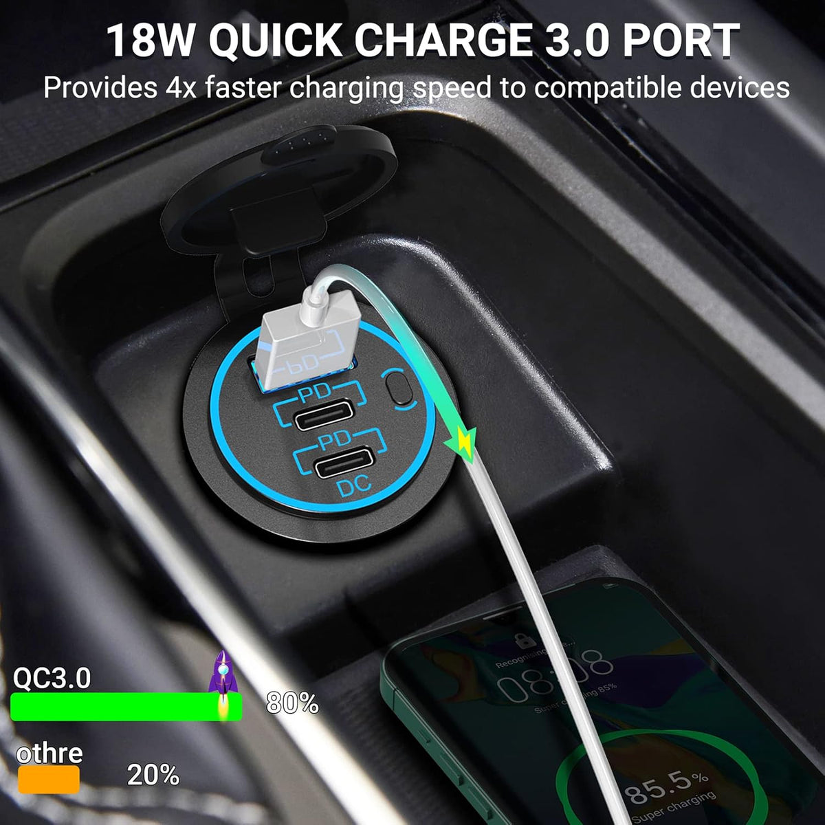 USB C Car Charger Socket 12V USB Outlet 2 Pack,78W RV USB Outlet Dual 30W PD USB-C and 18W QC3.0 Car USB Port with Button Switch Waterproof for Car RV Boat Marine Truck Motorcycle ect