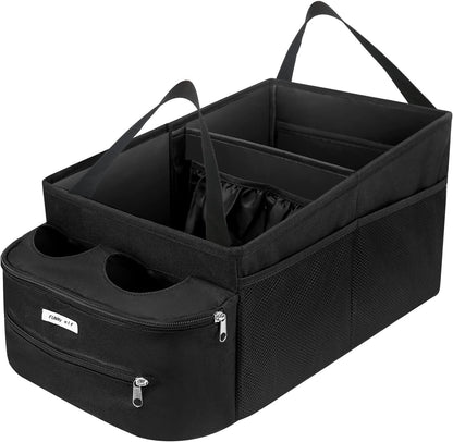 FUNNy elf Car Backseat Organizer for Cars, Collapsible Front Seat Organizer with 4 Cup Holders, Storage Pockets & Dividers, Passenger Seat Organizer for SUV, Truck, Sedan