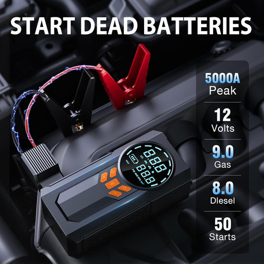 Jump Starter with Air Compressor, 5000A 160PSI Battery Jumper Starter Portable (9.0 Gas/8.0L Diesel), 12V Jump Box Car Battery Jump Starter with Smart Jumper Cables, LED Light, LCD Display