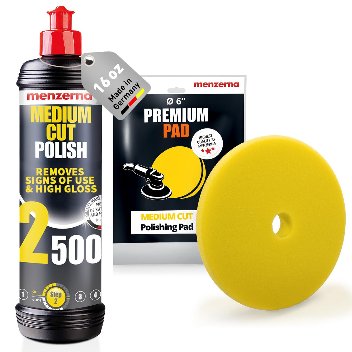 menzerna Medium Cut Polish 2500" I Abrasive Polishing Compound for Medium Scratches and Signs of Use I Buffing and Polishing Compound for Scratch Repair & a Glossy Finish I Silicone Free I 8 fl oz.