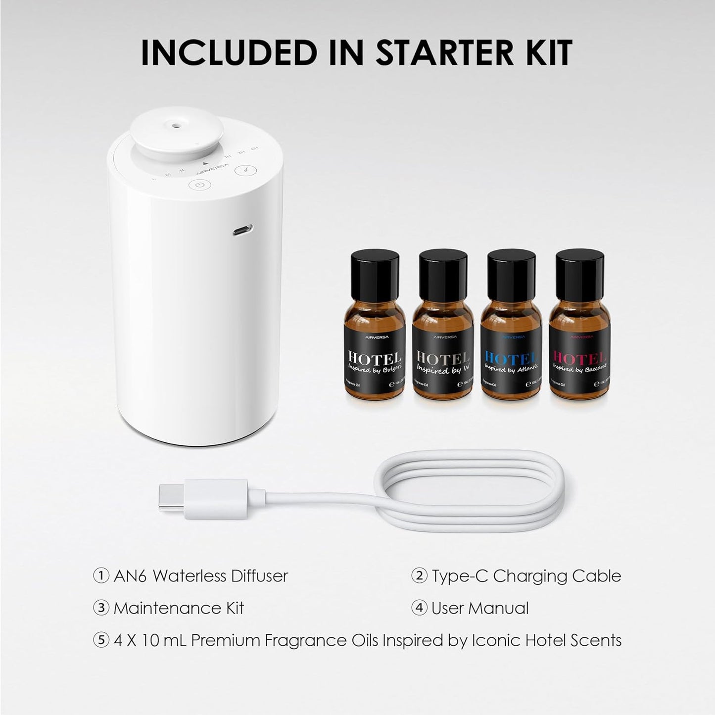 Airversa Waterless Diffuser for Essential Oil, Car Diffsuer, Battery Operated Nebulizer, 0.7 Fl Oz/ 20mL, Mini Scent Air Machine, 3 Timers & 3 Mist Levels for Home, Room, Car, Office - AN6 Black