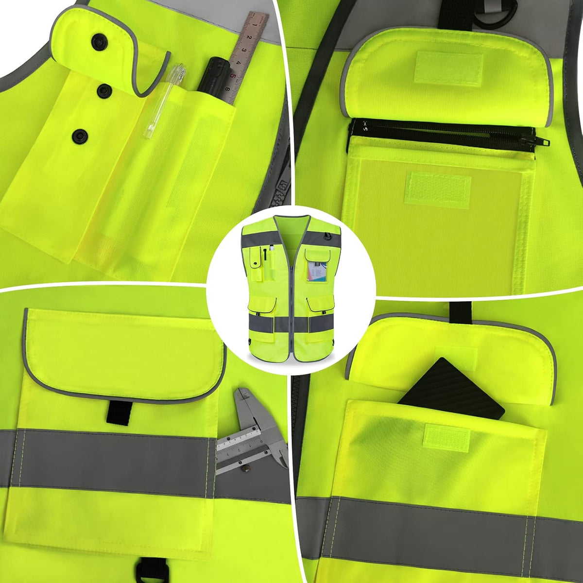 TCCFCCT Safety Vest for Men Women 9 Pockets High Visibility Vest for Safety, Reflective Work Vest with Reflective Strips, Meets ANSI/ISEA Standards, (Yellow, Large)