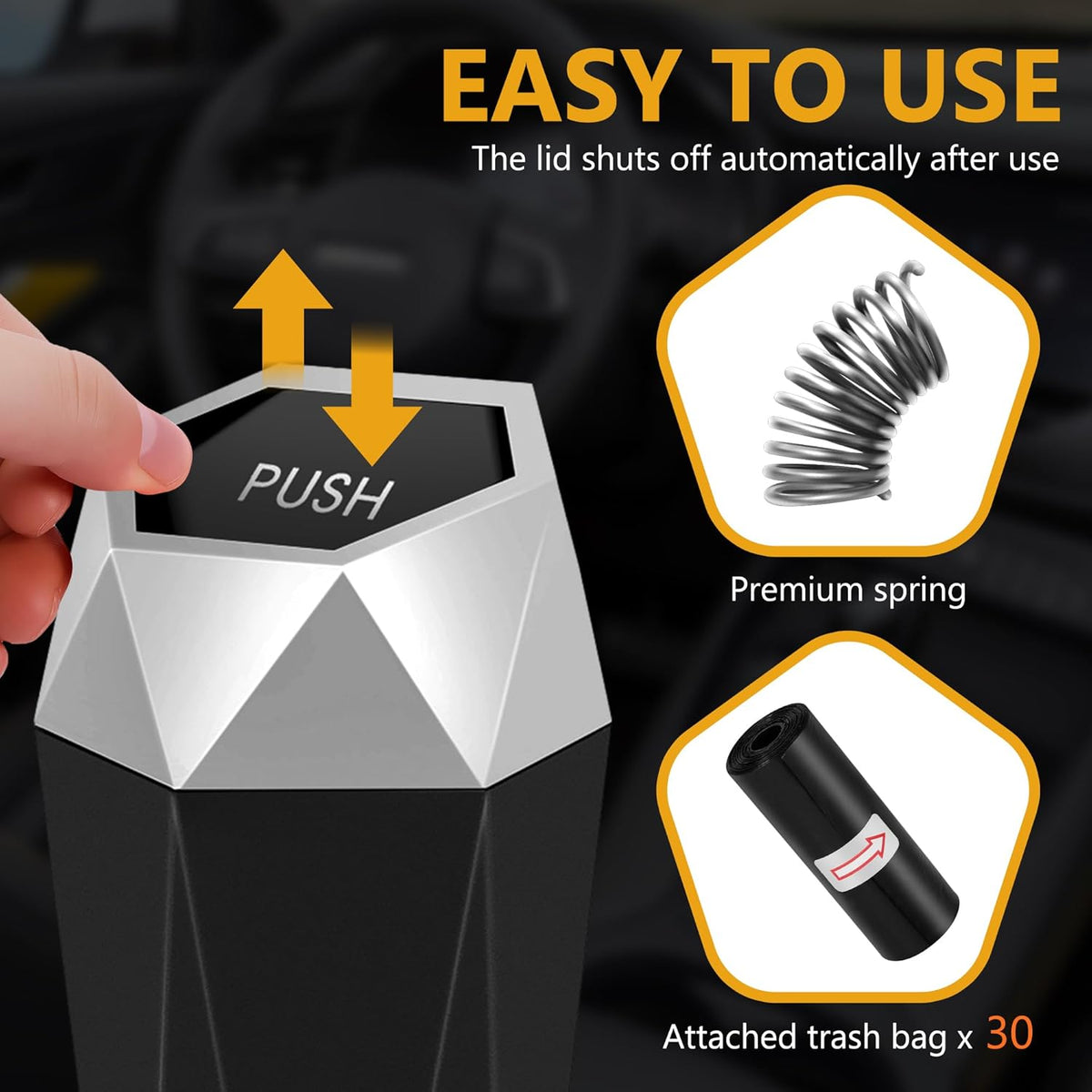 Car Trash Can with Lid - 2-Pack, Interior Accessories for Vehicles, Leakproof Garbage Can with 30 Detachable Trash Bags, Multipurpose Organizers and Storage Solutions for Home and Office