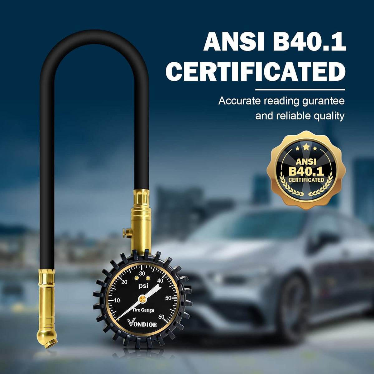 Tire Pressure Gauge - (0-60 PSI) Heavy Duty, Certified ANSI Accurate with Large 2 Inch Easy to Read Glow Dial, Low - High Air Pressure Gauge. Tire Gauge for Car and Trucks Tires by Vondior