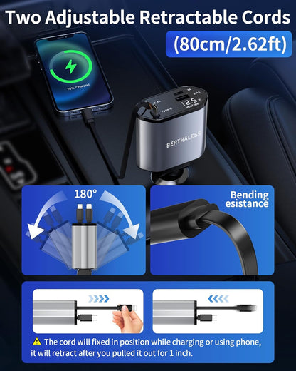 BERTHALESS Retractable Car Charger, 4 in 1 Fast Charging Car Charger with USB-C & USB-A, Compatible with iPhone 17/16/15/14/13/12/11,Galaxy,Pixel,Car Accessories Gifts for Fathers Day,Husband,Men,Dad