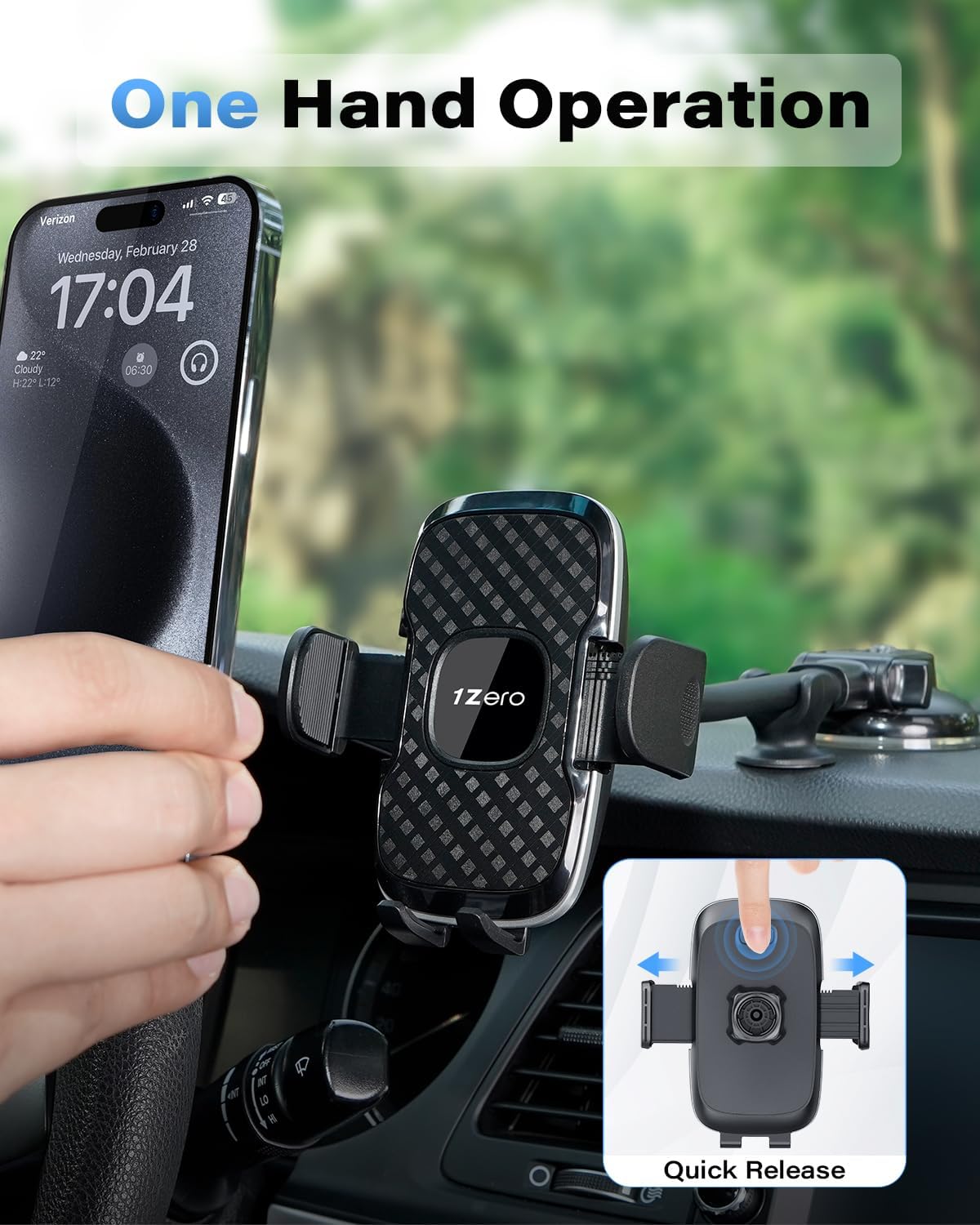 1Zero Solid Car Truck Phone Mount Holder with 14-Inch Gooseneck Long Arm, Windshield Window Mobile Holders w/Industrial-Strength Suction Cup, Anti-Shake Stabilizer Compatible All Cell Phones iPhone