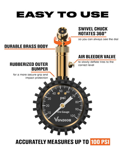 Tire Pressure Gauge - (0-60 PSI) Heavy Duty, Certified ANSI Accurate with Large 2 Inch Easy to Read Glow Dial, Low - High Air Pressure Gauge. Tire Gauge for Car and Trucks Tires by Vondior