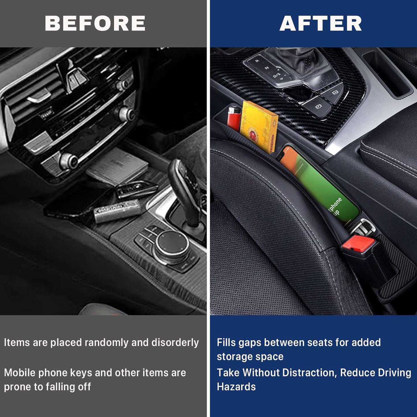 2PCS Car Seat Gap Filler, Vehicle Seat Organizer for Avoiding Dropped Items, Fill The Gap Between Seat and Console, No Drop Seats Guard for Coins Wallets Keys, Universal Car Accessories (Black)