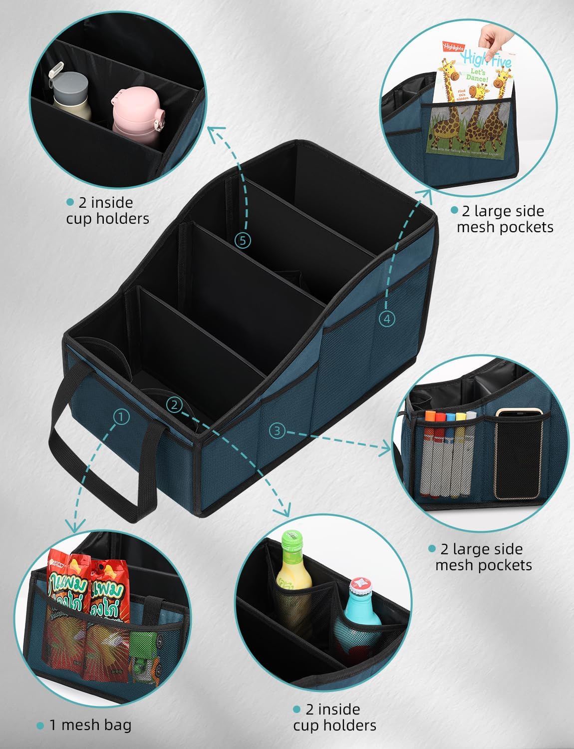 YOHOOLYO Car Seat Organizer Backseat Car Organizer with 4 Compartments, 4 Cup Holders and 7 Mesh Pockets for Front and Rear Seat, Black