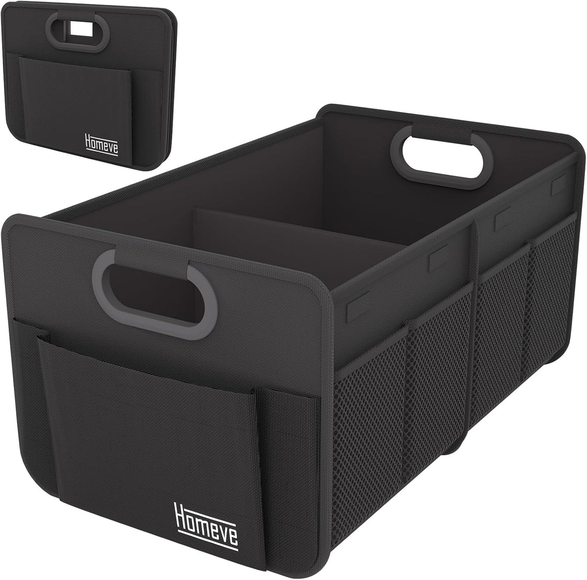 Homeve Car Trunk Organizer for SUV, 18.5Gal Large Capacity No-Sag Heavy Duty, Foldable Waterproof Anti-Slip Storage with 12 Pockets, Fit Sedan,Truck, Universal Car Accessories, Black, Large, 2 Compart